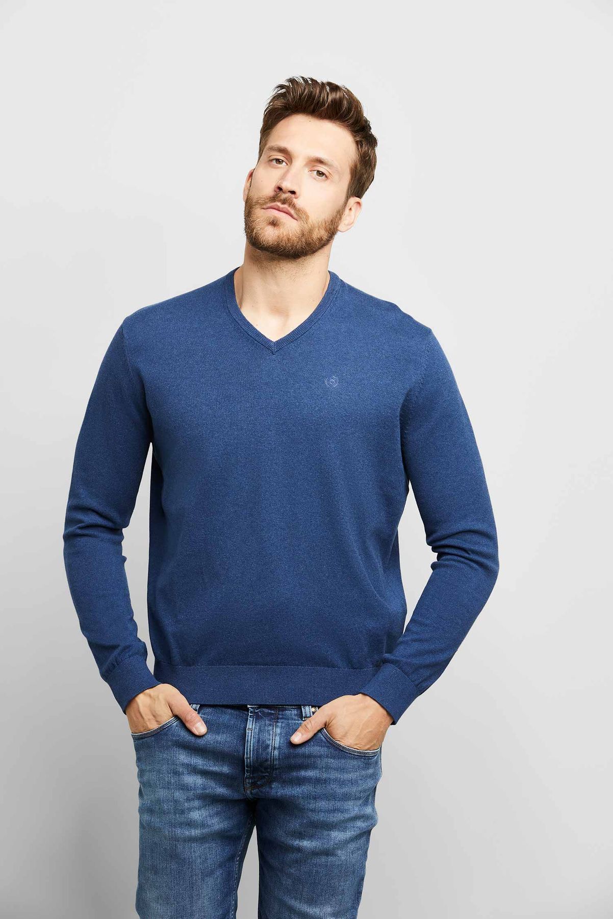 Maglione Bugatti Uomo Blu, S, In Pile Con Cashmere E Scollo A V, Ricamato - 2